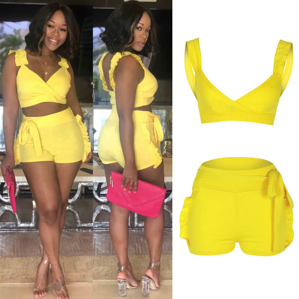 

Two Piece Set Summer women crop tops High Waist Shorts 2pcs Ruffles Bow outfits Ladies Yellow Slim matching Clothes sets suits