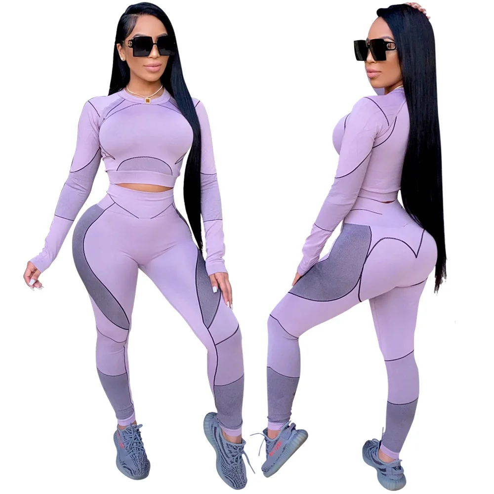 

Europe and The United States Cross-border New Solid Color Yoga Clothes Leisure Home Round Neck Top Sliml Pants Two-piece Women