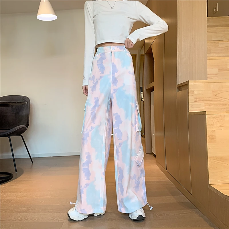 

New Tie Die Print Cargo Pants Women Autumn Spring Casual Sweatpants Baggy Ladies Trousers Loose Size Pokcets Streetwear 2021