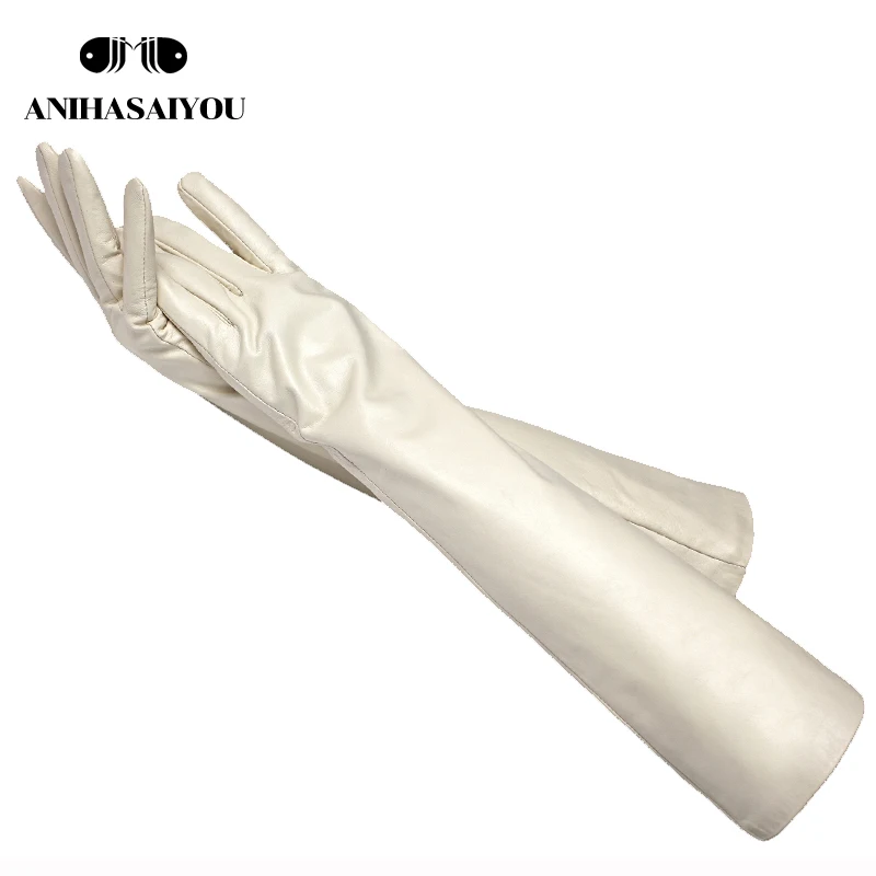 Простые бежевые длинные кожаные перчатки овчина женские сохраняющие тепло