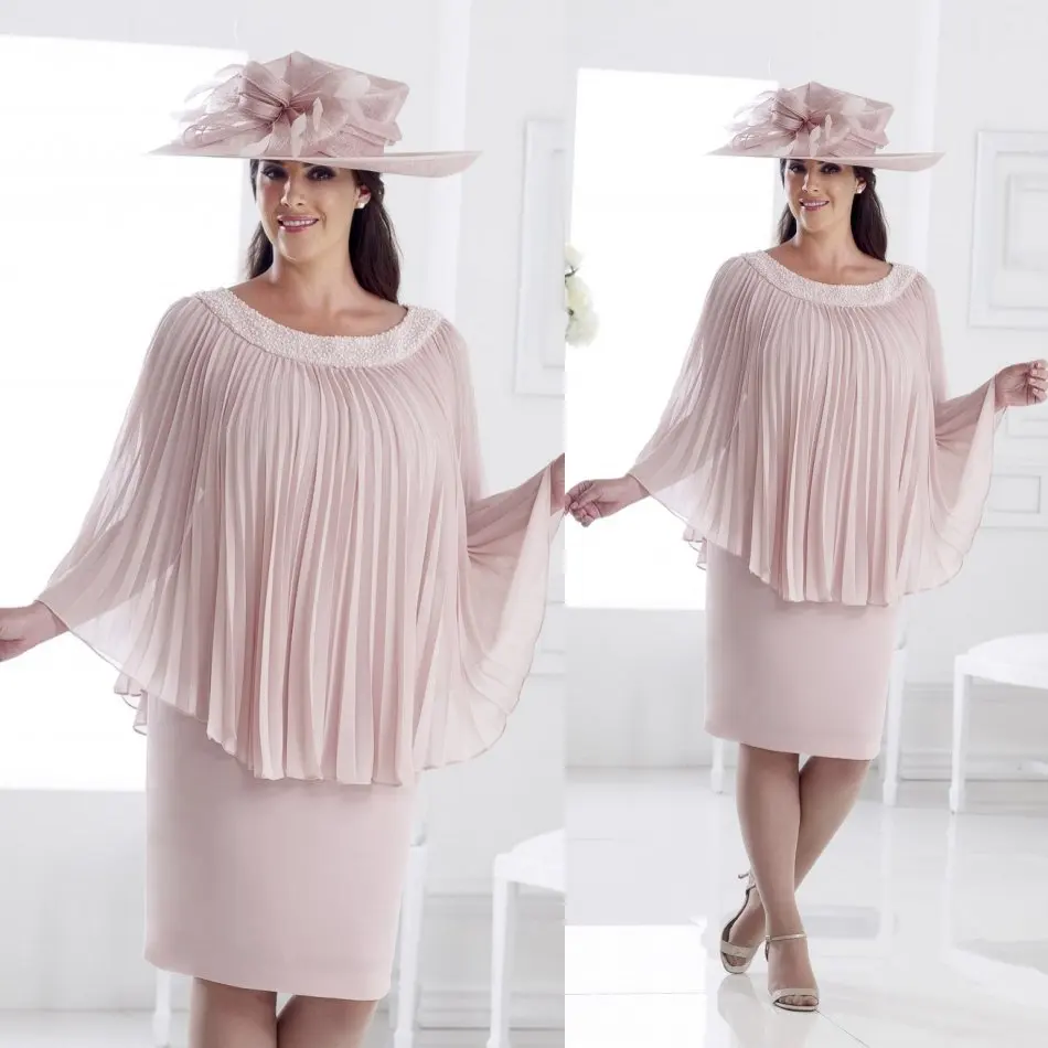 Chic Pink Mother Of The Bride Dresses Jewel Neck Beaded Knee Length Wedding Guest Dress Plus Size Formal Evening Gown