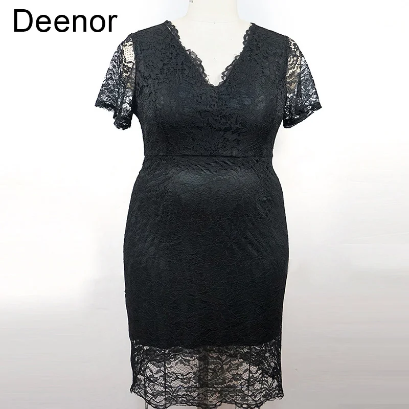 Deenor Plus Size Dresses for Women Slim Lace Wrap Hip V-neck Dress Summer Short Sleeve Elegant Party Dresses
