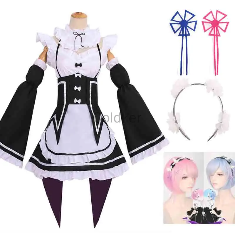 Полный комплект для косплея с ОЗУ/Рем Re:zero Kara Hajimeru Isekai Seikatsu Черный Синий Красный