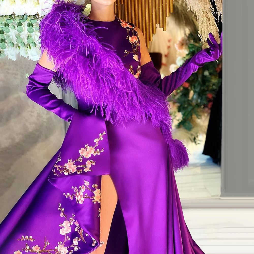 

Spring Women long Satin Purple Evening Dresses vestidos formales O neck Embroidery Feathers Celebrity Dresses FOE32628