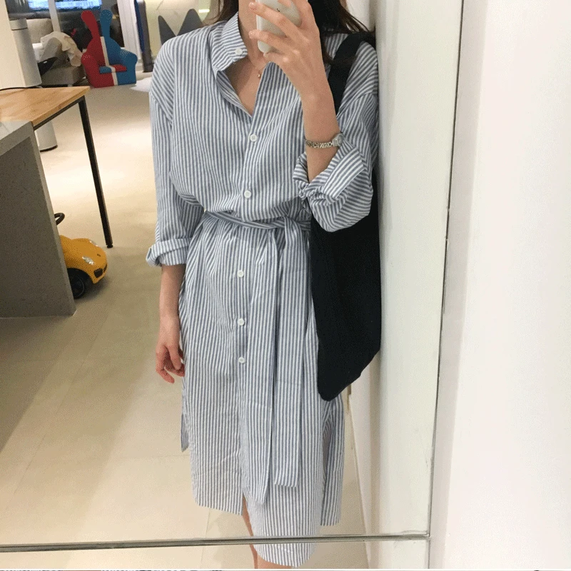 Женское свободное однобортное платье в полоску Элегантное повседневное с