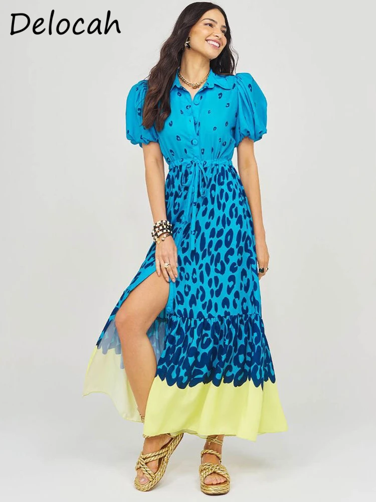 

Delcoah 2022 Spring Women Fashion Runway Long Dress Lantern Sleeve Elastic Waist Shirring Ruffle Print Ladies Dresses Vestidos