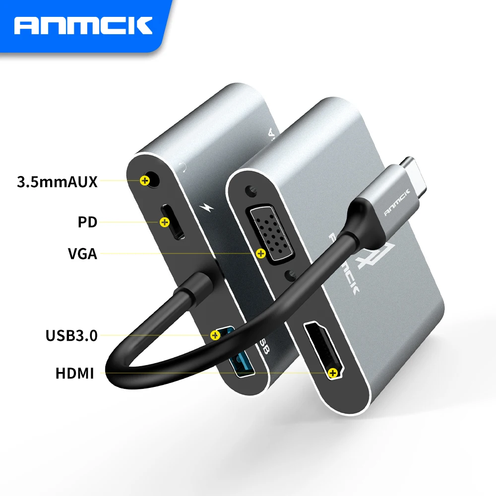 Адаптер Anmck USB C 4k Type c на VGA USB3.0 HDMI совместимый преобразователь Аудио и видео PD 87 Вт
