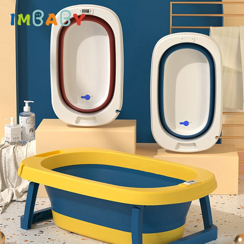 Baby Shower Bath Tubs Newborn Folding Portable Bathtub Children Silicone Tubs with Smart Thermometer Sensor and Non-Slip Cushion