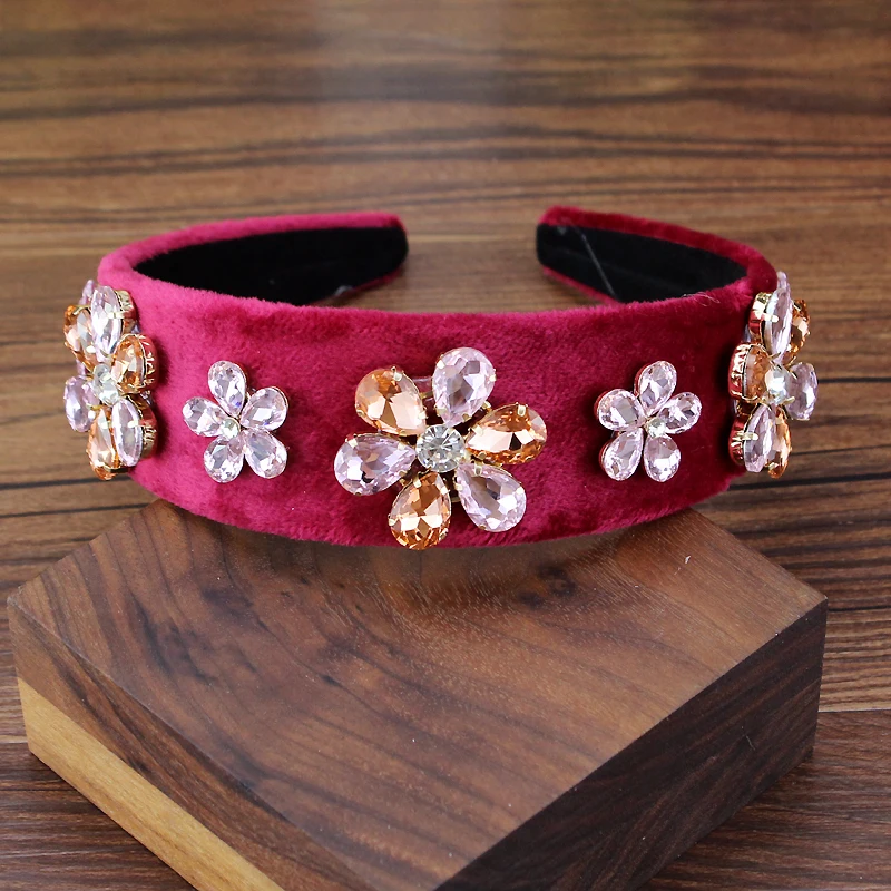 flower headband Широкая винтажная Роскошная розовая кристальная тиара в стиле барокко, королевская повязка на голову, блестящие стразы, повязка для волос для женщин, свадебные аксессуары для волос - Окраска металла: flower headband