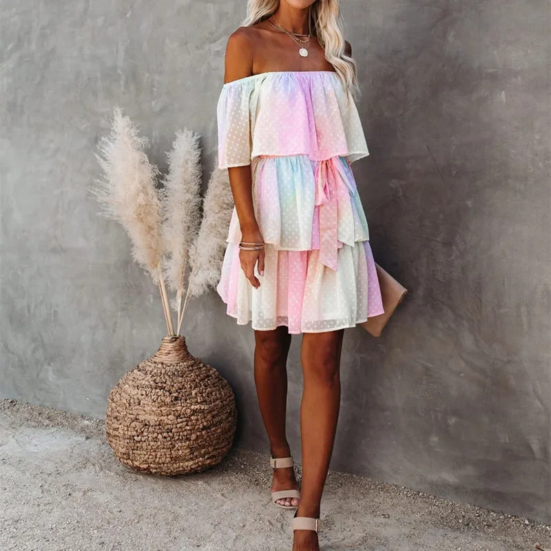 

High Quality Sexy Bikini Cover-ups Boho Rainbow Slash Neck Summer Beach Dress Tunic Women Beach Wear Swim Suit Cover Up
