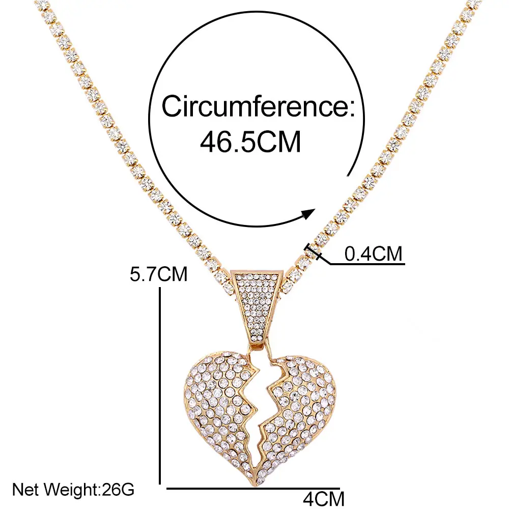 

Classic Broken Heart Full Crystal Heart Thick Pendant Tennis Chain Metal Necklace Women Punk Gold Silver Color Necklace Jewelry