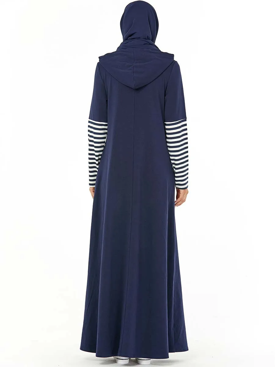 Muslim Fashion Hooded Tracksuit Long Dress Women Navy Stripe Sleeve Pocket Arab Maxi Turkey Sports Islamic Clothing | Женская одежда