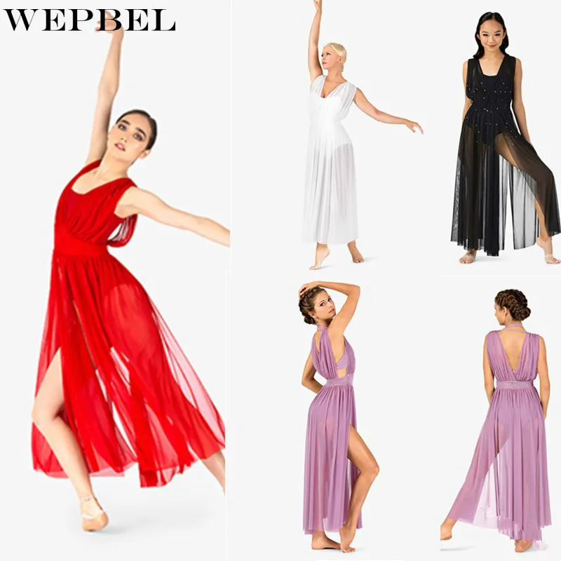 

WEPBEL Lady Women Fashion Sleeveless Slim Waist High Split Dance Dress Trends Mesh Thin Chiffon Dress Ballet Dancer Wear
