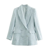 winter 2021 blue tweed blazer women autumn fashion turn down collar double breasted suit coat female office casual outerwear