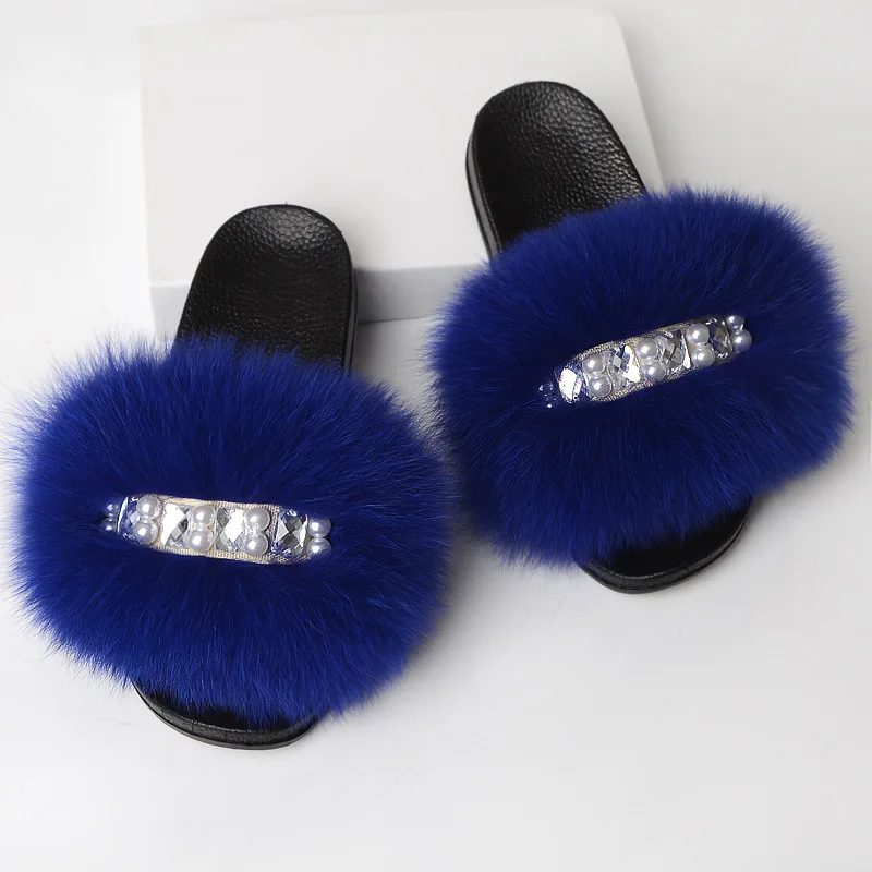 Summer Ladies Slippers Women Real Fox Fur Slides Indoor Fuzzy Plush Flip Flops Flat Sandals Fluffy Home Shoes Woman New Arrival