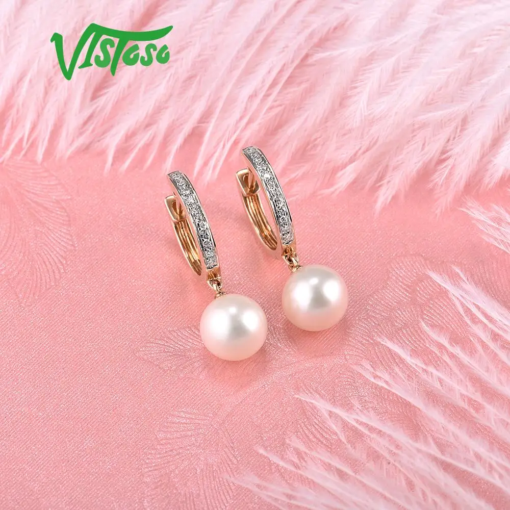 VISTOSO Pure 14K 585 розовое золото сверкающие бриллианты элегантные пресноводные жемчужные серьги для женщин уникальные модные свадебные ювелирные изделия