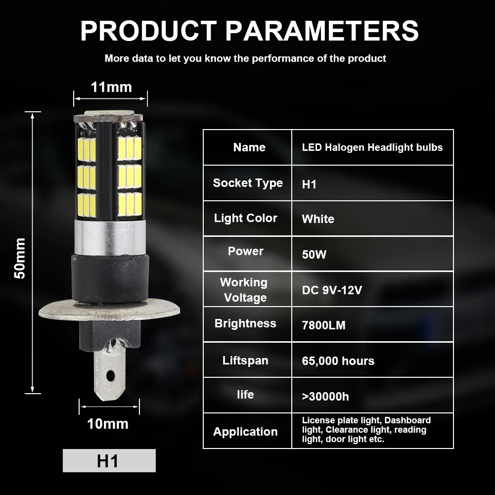 

2Pcs H1 Halogen Car Headlight Bulb 50W 7800LM 6000K Super Bright Driving Fog Lights Beam Light Replacement Car Lamps Accessories