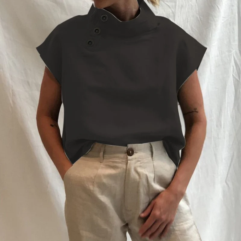 

Women Plus Size Solid Color Blouse Shirts Elegant Short Sleeve Pullover Tops Ladies Vintage Button Casual Loose Streetwear Blusa