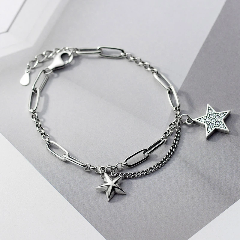 

Zircon Bracelets Silver Color Fresh Vintage Chain Women Trendy Stars Shaped Simple Fashion Jewelry Couples Gift Charm Bracelet