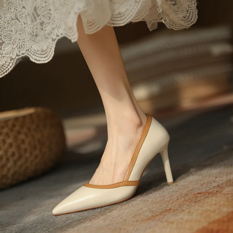

Prowow Genuine Leather Woman Sexy Pumps Slim Pointed Toe All Seasons Ladies Party Shoes Elegant Shallow Thin High Heels Pump