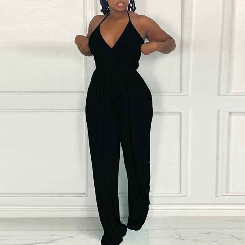 

Solid Halter V Neck Ruched Jumpsuit Summer Backless Loose Wide Leg One Piece Romper Overalls