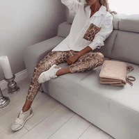 spring ladies shirts casual suit sets two piece set snake contrast pocket top slim fit long pants