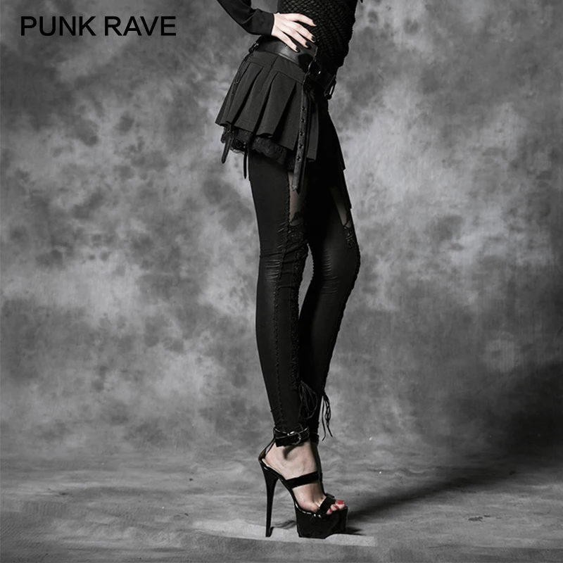 PUNK RAVE Women Sexy Good Elastic Flocking Bind Lace Leggings Gothic Retro Black Patchwork Slim Long Pants Punk Rock Clothing