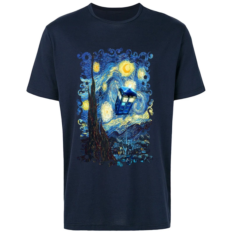 

Art Watercolor Design Print Tshirts Van Gogh Starry Night Tardis Men camisa Christmas Tshirt Best Gift Pure Cotton Fashion Tees