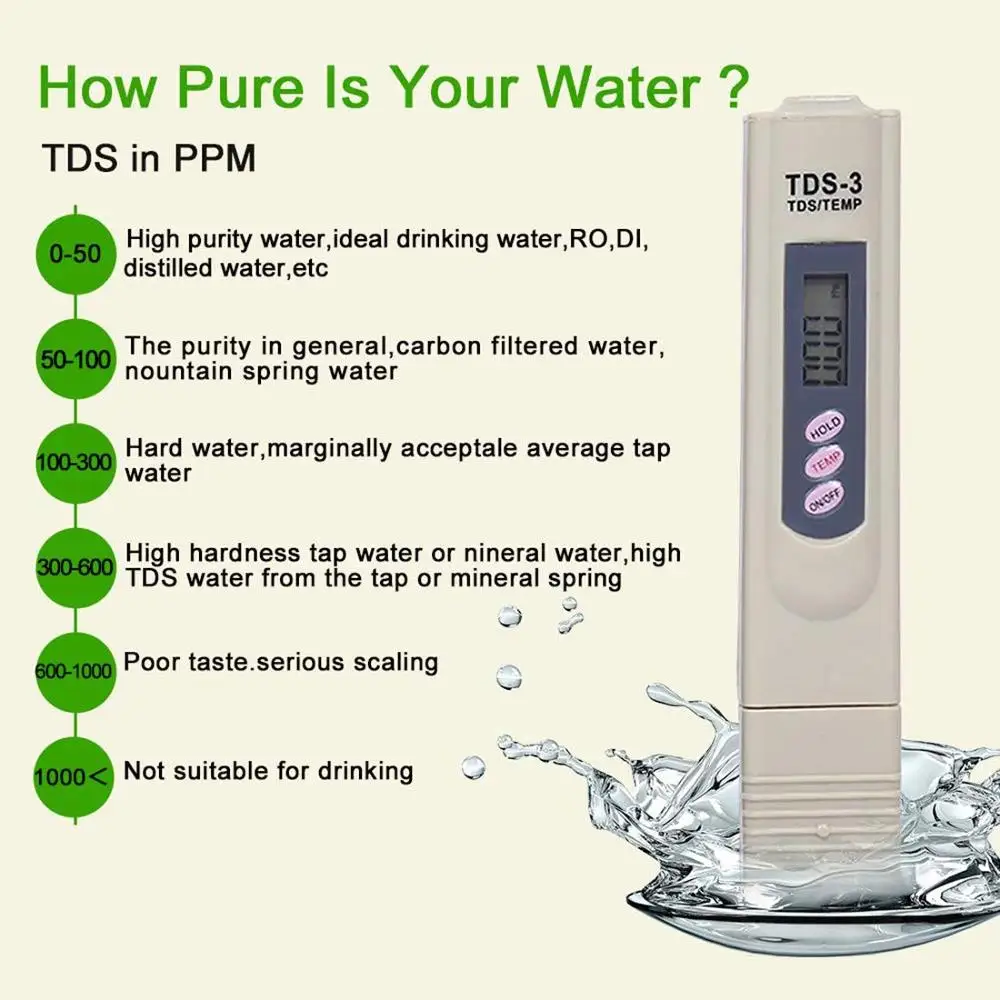Medidor de agua TDS Probador de Calidad del Agua 0-9999ppm, medidor de agua para acuarios, sistema RO, piscina oscilante