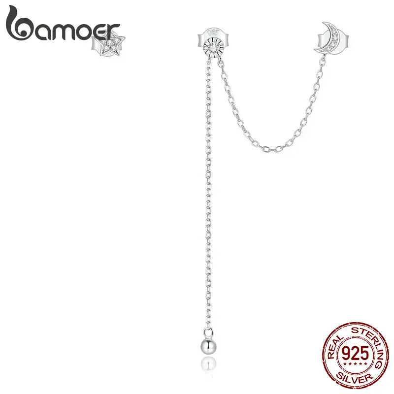 

bamoer 2020 Authentic 925 Sterling Silver Simple Dreamy Moon & Stars Stud Earrings for Women Silver ear Jewelry earring BSE431