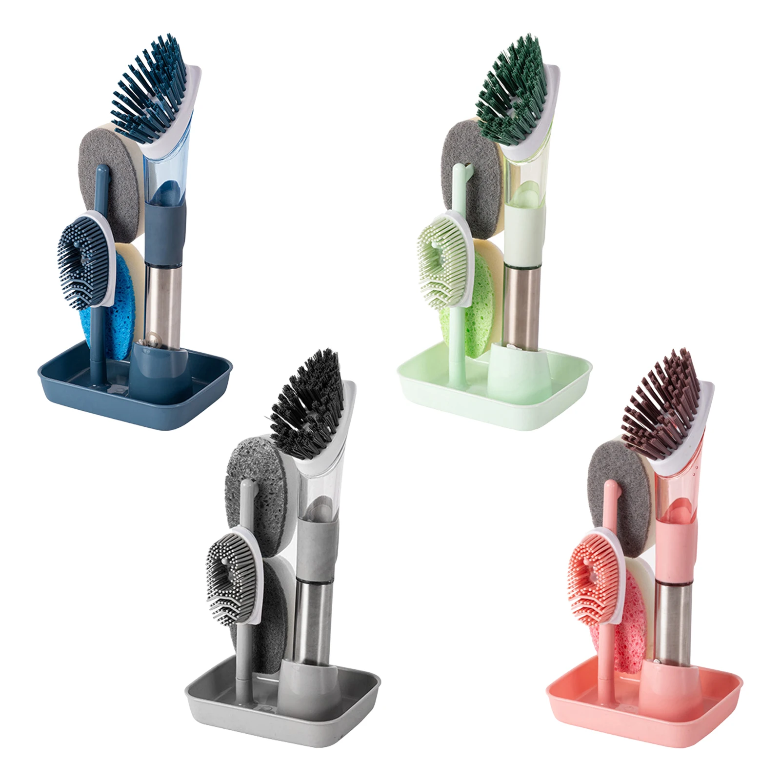 

Dishwashing Brush With Soap Dispenser Set Add Liquid Handle 4 Replacement Brush Heads Kitchen Tableware Sink Cleaning Everyone