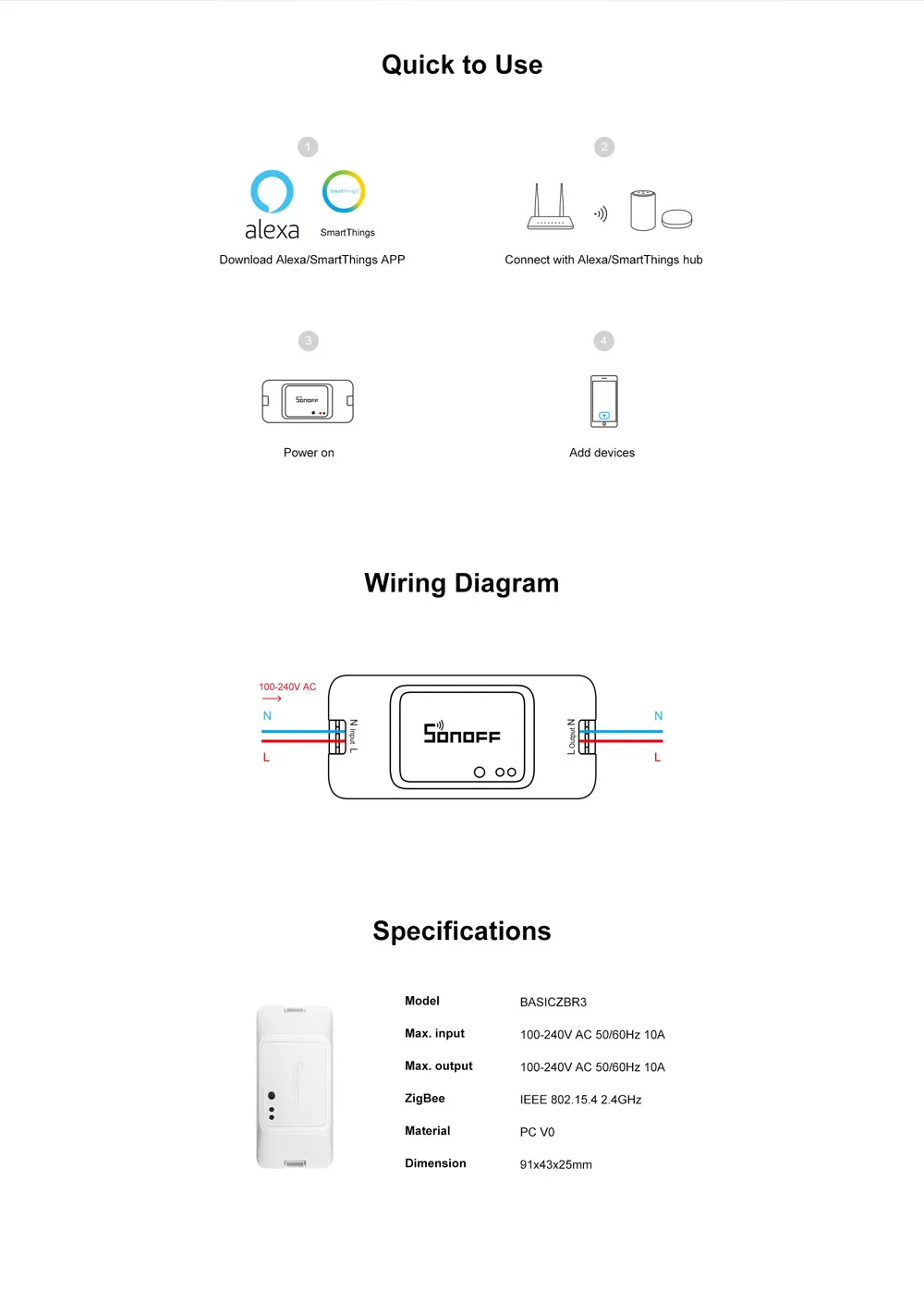 3/5 шт. Itead Sonoff BASICZBR3-первый умный переключатель Zigbee DIY, управляемый через приложение SmartThing, работает с концентратором SmartThings Alexa