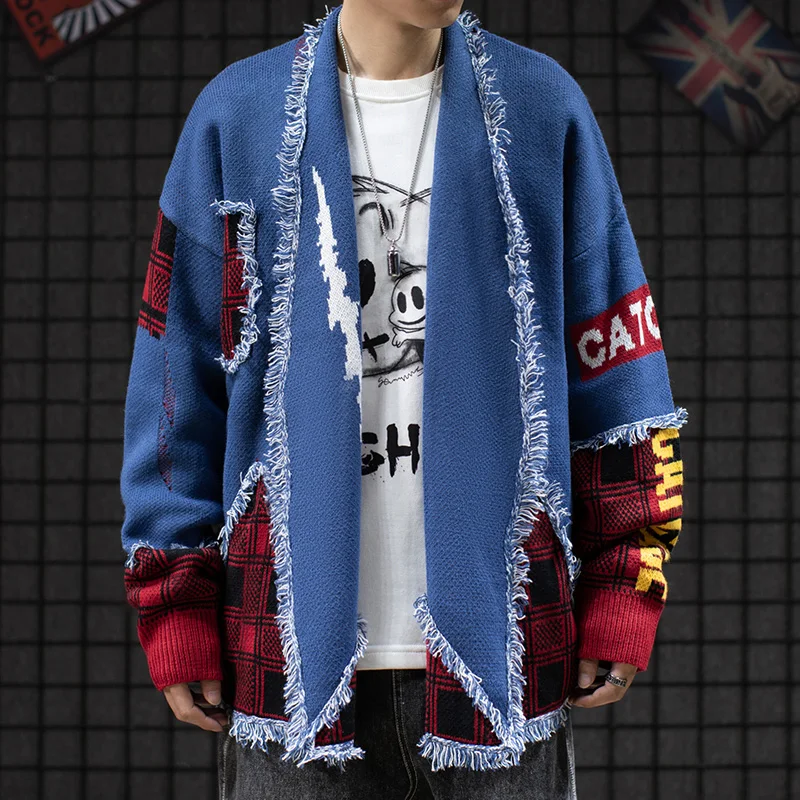 

Hip Hop Colorblock Tassel Cardigan Sweater Harajuku Streetwear Patch Cardigans Outwear Men Raw Edges Plaid Knitted Sweaters