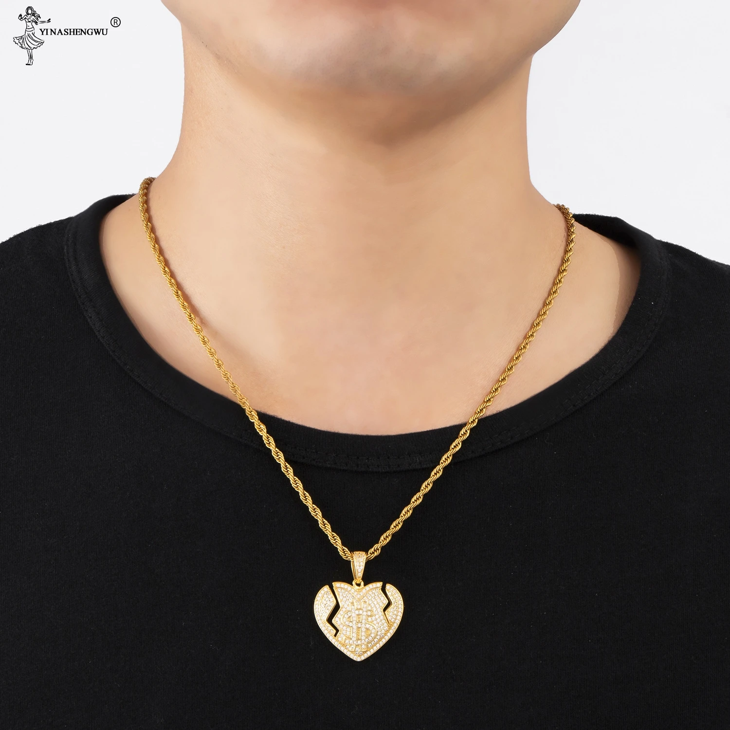 Хип хоп Bling Блестящий Iced Out микро проложили CZ разбитое сердце со знаком доллара