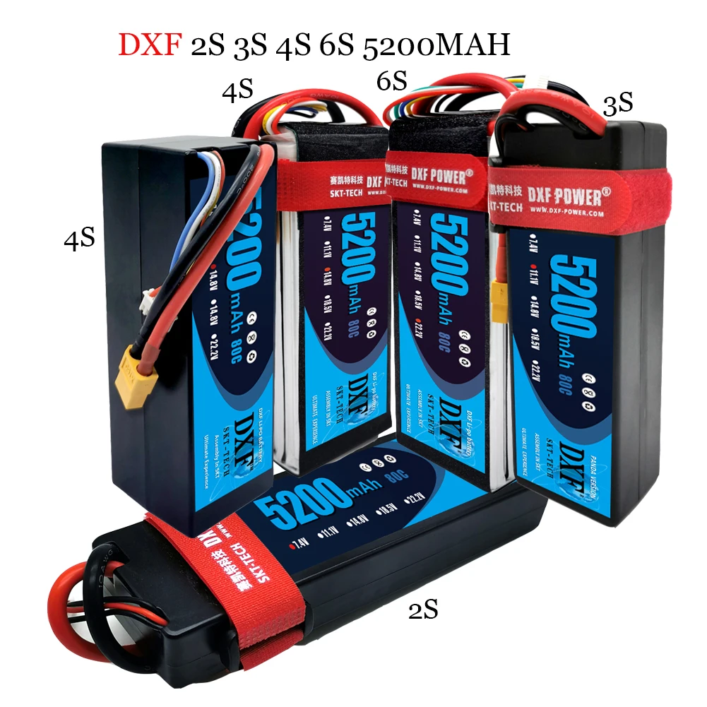 DXF 2PCS Lipo Battery 2S 3S 4S 6S 7.4V 11.1V 14.8V 22.2V 5200mah 80C/160C For RC1/8 1/10 Car XxMax  Buggy TruggyTruck Drone Boat