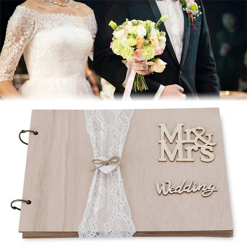 

10/20/30/40 Pages Mr&Mrs Wedding Guest Sign Book Wooden Signature Guestbook DIY Photo Memory Book Album Anniversary Gift