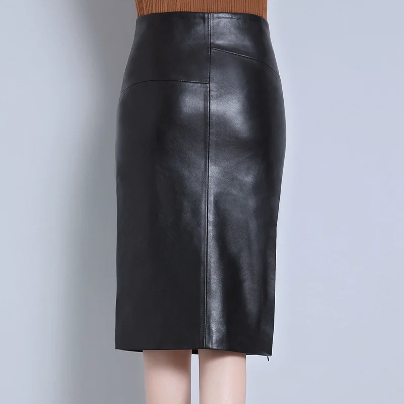 Womens Genuine Leather Skirt Real Natural Skeepskin High Waist Black Office Ladies Work Wear Pencil Midi Skirts Plus Size 4XL