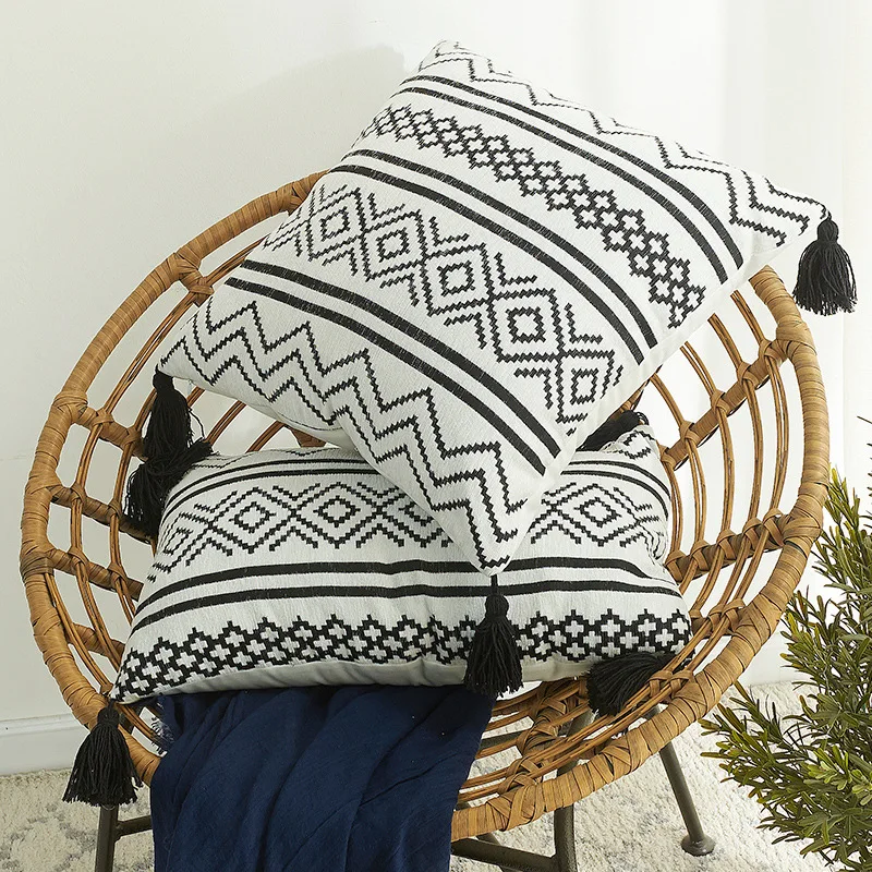 

Nordic Geometric Simplicity Cushion Covers Modern Tassels Jacquard Waist Pillowcases Home Sofa Decoration Chenille Pillow Cases