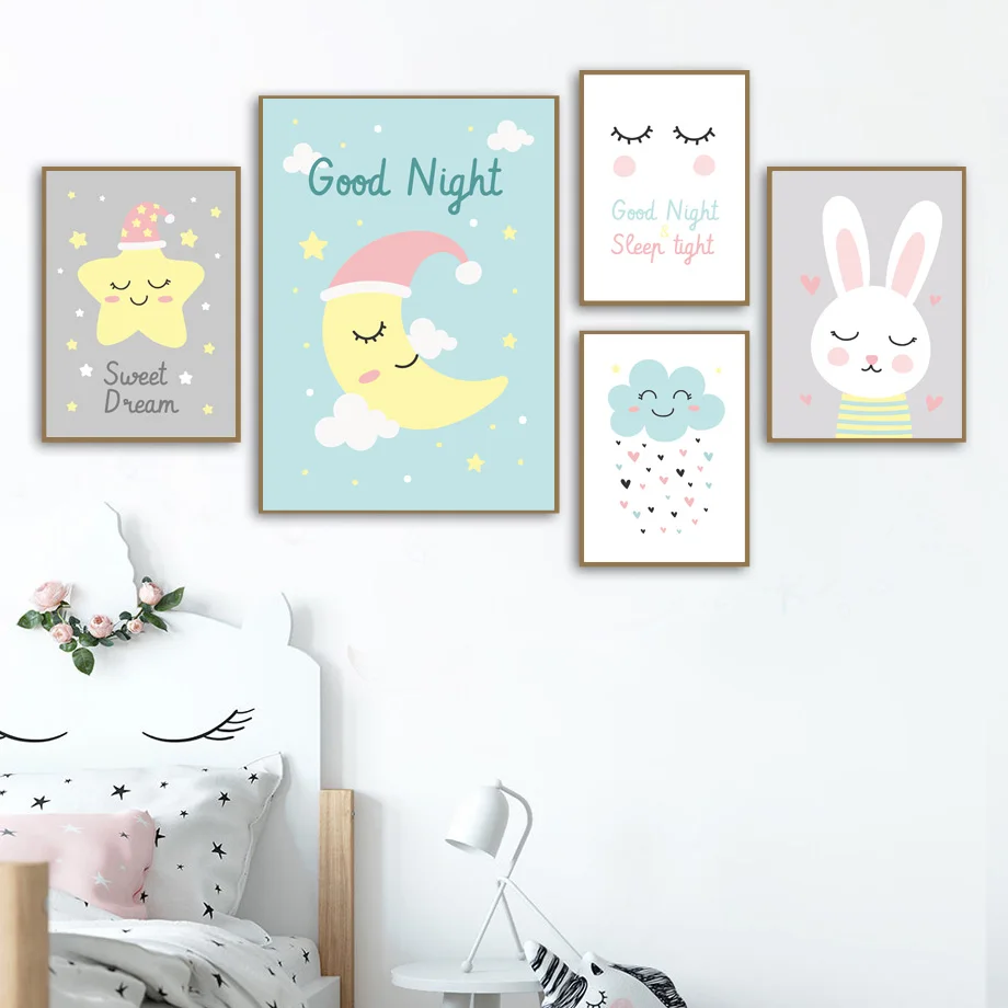 Мультфильм Звезда Луна облако кролик хорошая ночь стены Искусство Холст