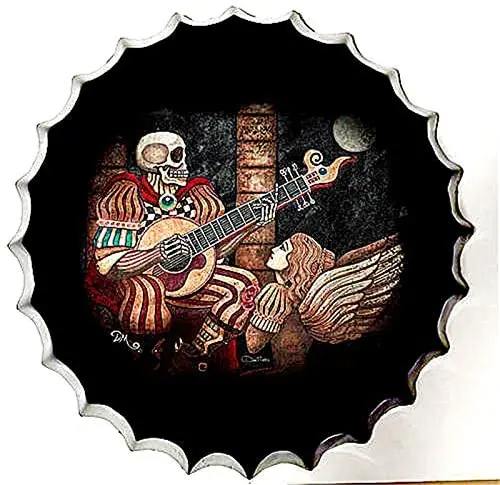 

Royal Tin Sign Bottle Cap Metal Tin Sign Funny Skull Playing Guitar Diameter 13.8 inches, Round Metal Signs for Home and Kitchen