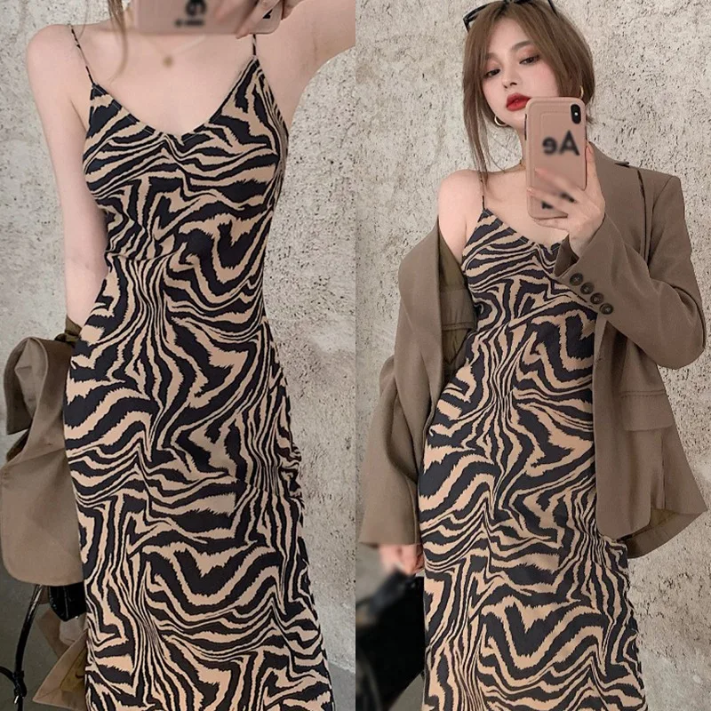 

Women Summer Spaghetti Strap V-neck Zebra Printed Ladies Beach Style Dresses
