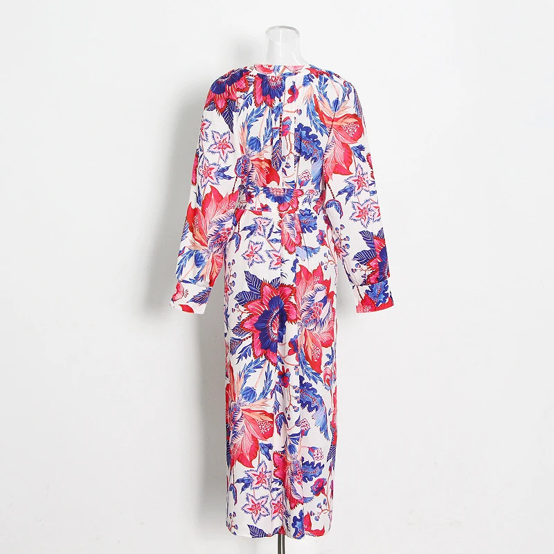 

ECRURANI Pink Print Dress For Women O Neck Lantern Long Sleeve High Waist Midi Hit Color Pleated Dresses Females Summer Clothing