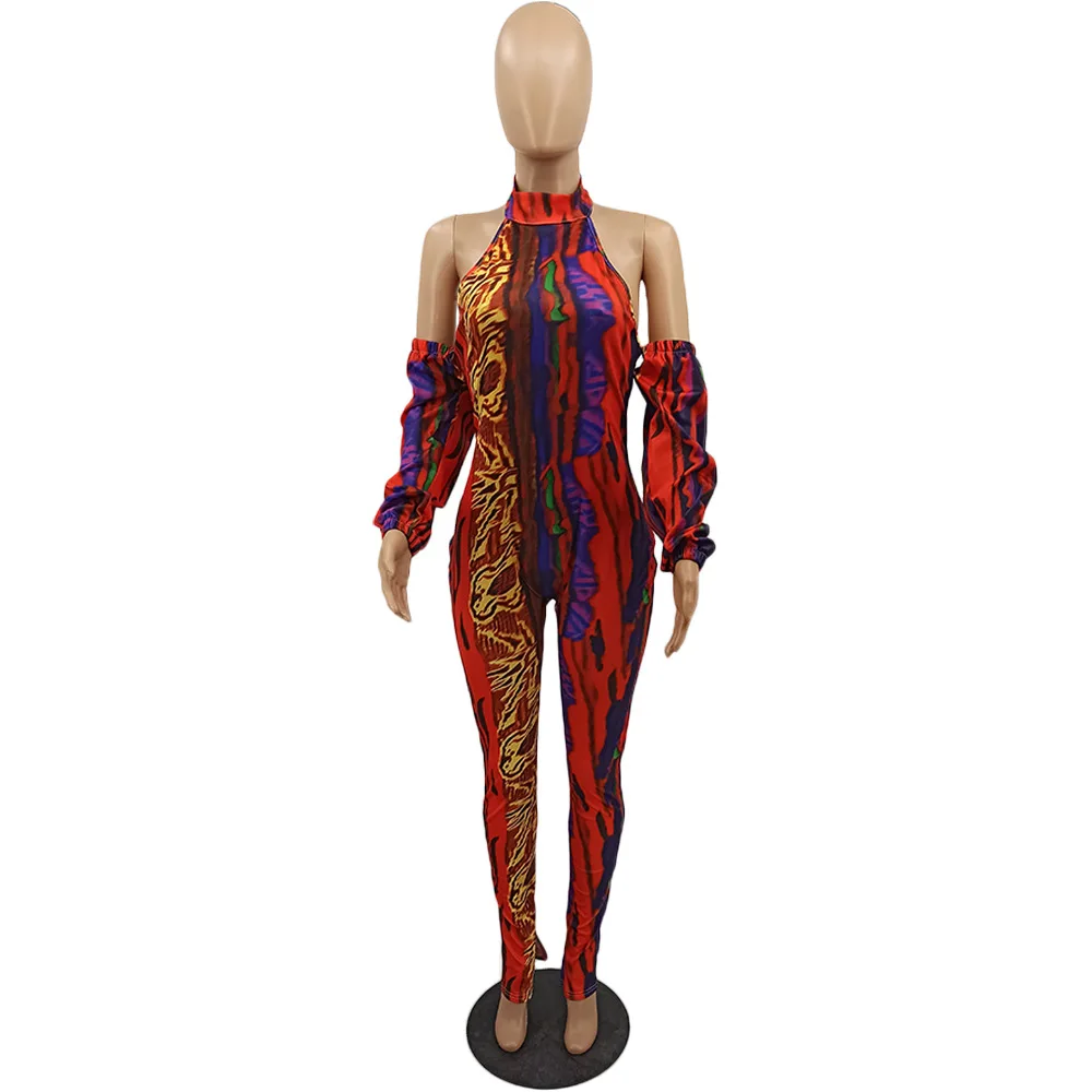 

Multicolored Printing Women Skinny Jumpsuits 2021 Sexy Hollow Out Shoulder Long Sleeves Halter Neck Backless Club Rompers