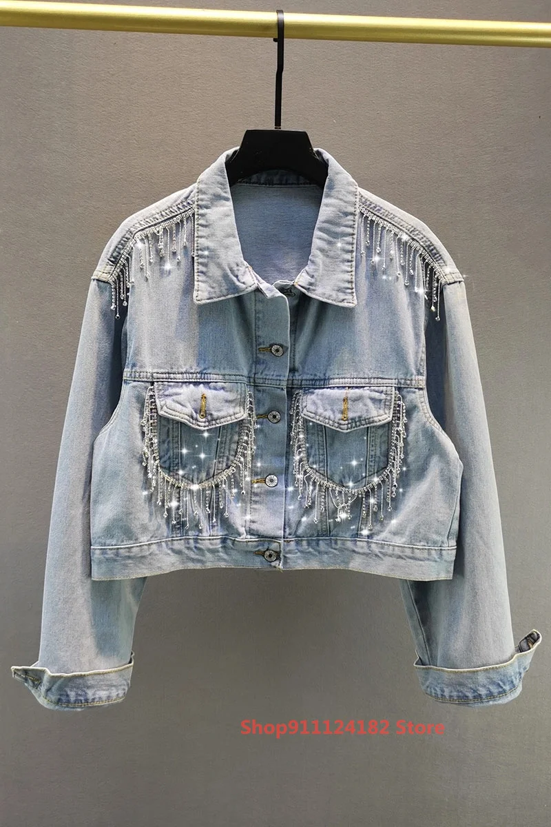 

Short Denim Jacket Women's Tide 2021 Spring and Autumn New European Station Loose and Thin Heavy Industry Rhinestone Fringed Top