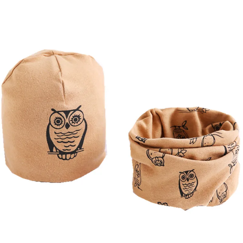 khaki owl hat scarf Новая Мода Детская Шапка Шарф Набор Новорожденных Девочек Головной Убор Осень Теплый Детский Воротник Шеи Детские Шапочки Наборы Хлопок Детская Шапка Шарф - Цвет: khaki owl hat scarf
