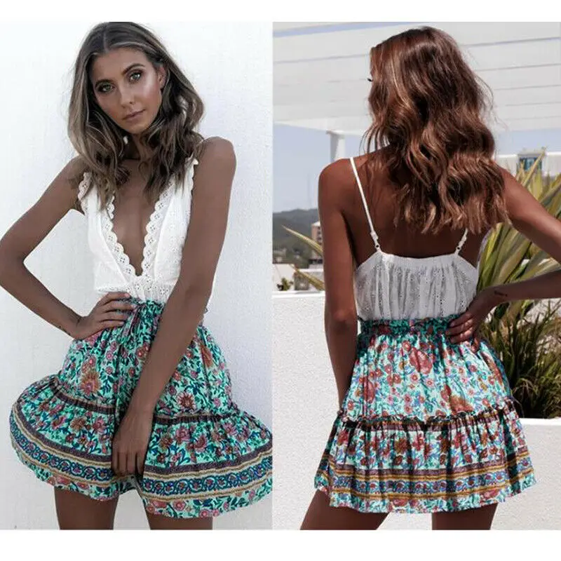 Женская короткая юбка в стиле бохо летняя винтажная с цветочным принтом милая