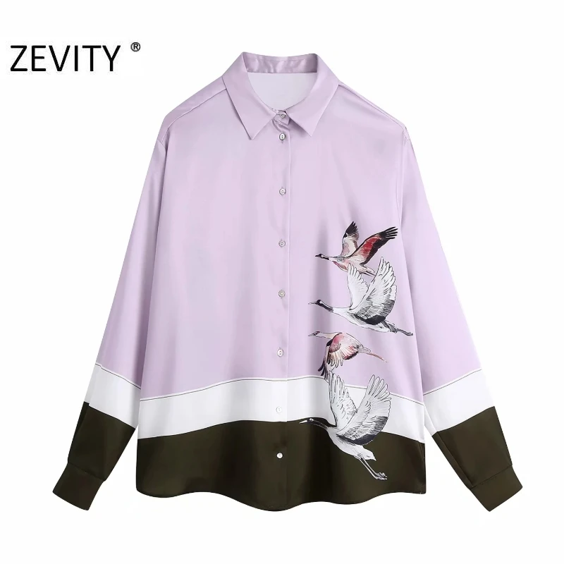 

Женская офисная блузка Zevity, с винтажным принтом журавлей, повседневная, LS7270, рубашки с отложным воротником со стойкой