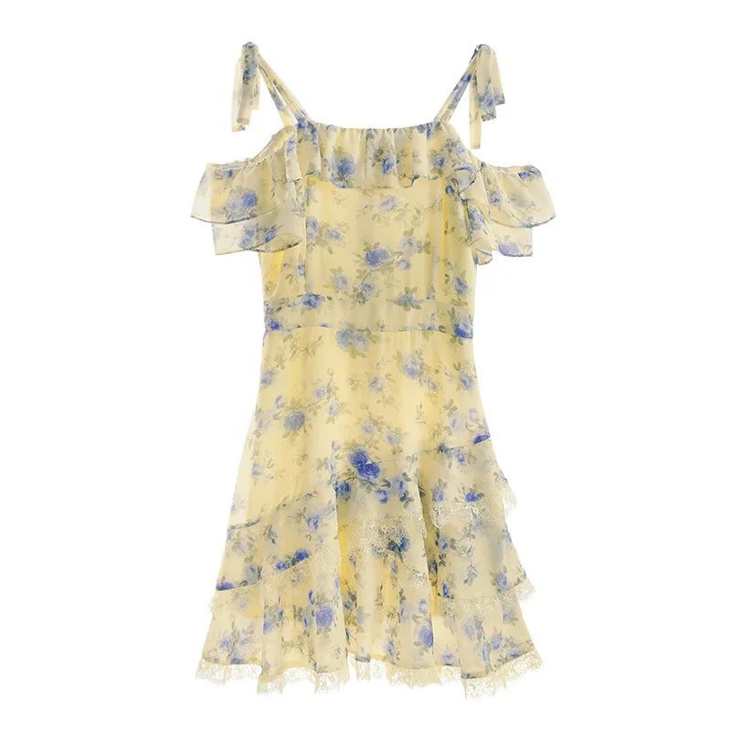 

Mlxl2021 New Summer Dress Chiffon Lace printed suspender skirt Ruffle Short Sleeve Dress
