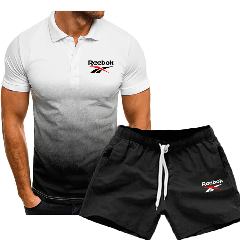 

2021 Spring And Autumn Fashion Men's Sportswear Suit Gradient Color 3D Printing Short-sleeved T-shirt Lapel Slim Polo Shirt Suit