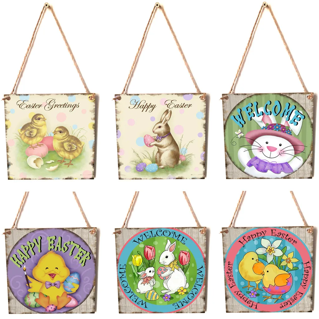 

Happy Easter Wooden Sign Easter Hanging Wood Decor Easter Bunny Eggs Wood Easter Decorations for Home Garden Spring Party